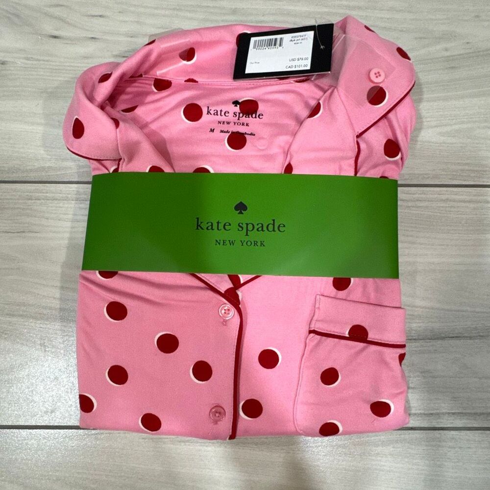 NWT Kate Spade New York Long Sleeve Knit Notch Collar Pajama Set in pink with re